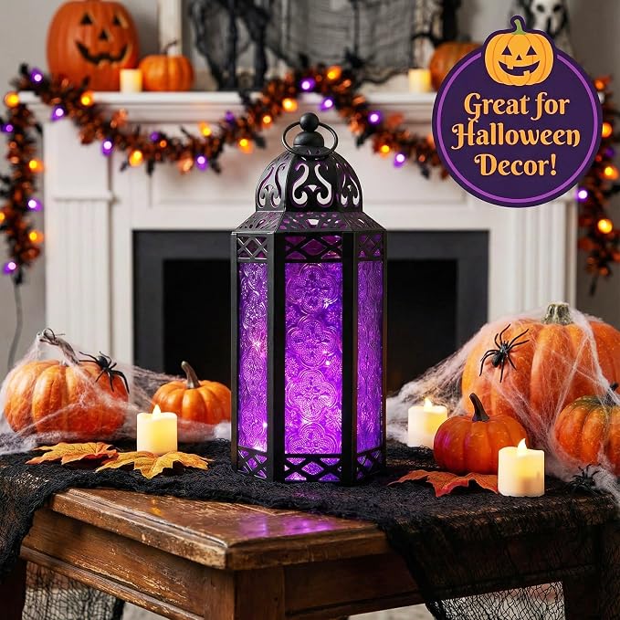 Vela Lanterns Purple Decor Candle Lantern Holder with LED Fairy Lights, M | Halloween Spooky Witch & Vampire Decor, Gothic Whimsigoth Home, Fantasy Flameless Moroccan Metal Hanging Lamp, 10.5" Tall