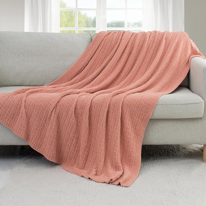 Pink Ultra Soft Knit Throw Blanket for Couch,60"X80" Microfiber Fluffy Cozy Warm Knitted Blankets with Checked Pattern for Sofa Bed