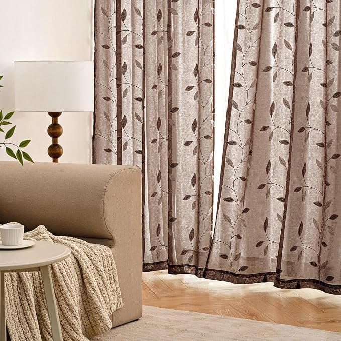 MIULEE Chocolate Brown Sheer Curtains 2 Panels Leaf Patterned, W52 x L63 | Embroidered Floral Semi Sheer,Rod Pocket,Faux Linen,Short Window Curtains Drapes Set for Kitchen/Bathroom/Cafe