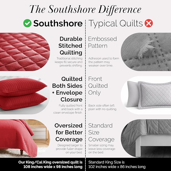 Southshore Fine Living, Inc. Red Quilt King Size Set with 2 Pillow Shams, Soft Microfiber Bedspread, Stain & Pet Hair Resistant Bedding, Cal/King Quilt Set with 2 Pillow Shams, Chili Pepper Red