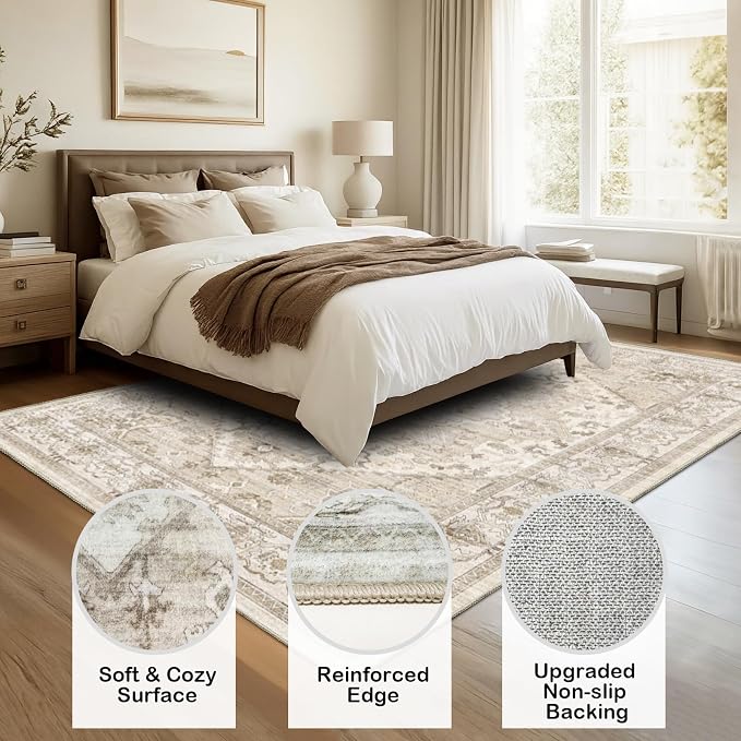 AooHHooA Washable Area Rug 6x9 Soft Stain Resistant Boho Vintage Rugs with Non Slip Backing, Low Pile Lightweight Large Rug for Living Room Bedroom Dining Room