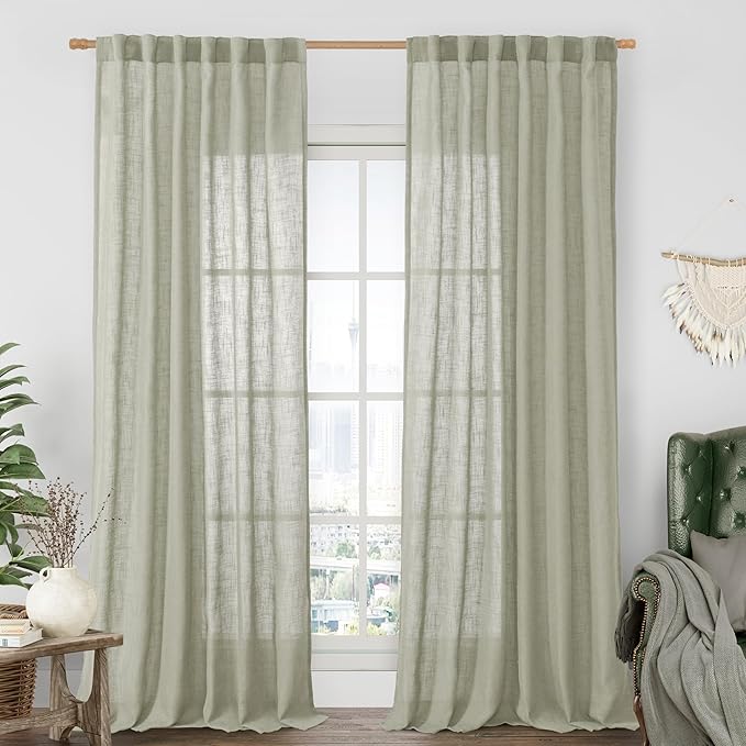 Sage Grey Linen Curtains for Living Room 84 inch Length 2 Panels | Light Filtering, Semi Sheer Curtains, Farmhouse Panels for Bedroom, Sliding Glass Door, Rod Pocket Back Tab, 52 x 84 Inch