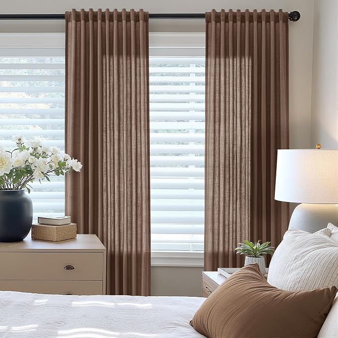Linen Curtains 96 Inches Long for Living Room Back Tab Semi Sheer Floor to Ceiling 8ft Light Filtering Curtain Boho Farmhouse Decor Window Drapes for Bedroom 52x96 2 Panels Caramel Brown