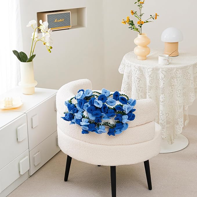 Crochet Flower Bouquet Throw Blanket, Handmade Knitted Blanket with Flowers, Cute Romantic Gift for Her Girlfriend Mom Mother’s Day Valentine Wedding Anniversary Birthday, Blue 60 Inches