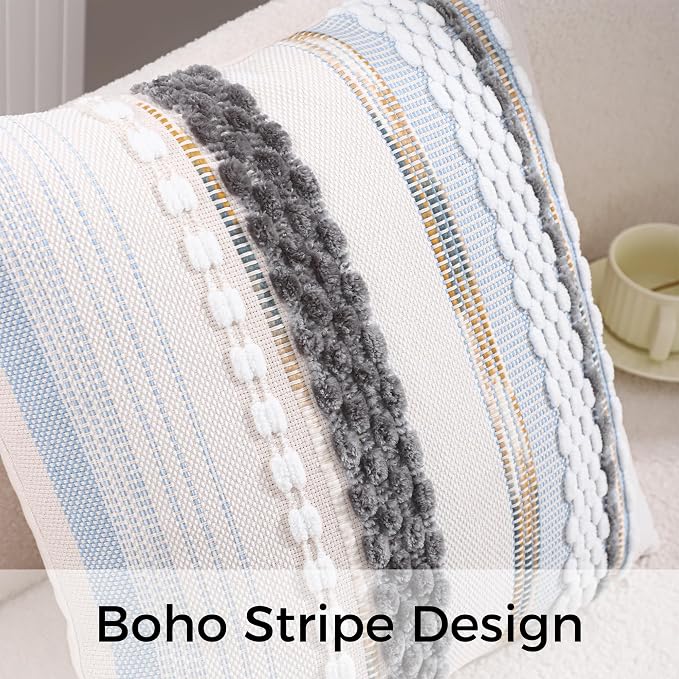 Boho Throw Pillow Covers 18x18 Set of 2 Grey Blue White