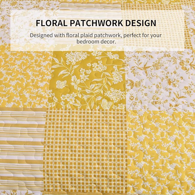 Mybedsoul Yellow Boho Quilt Set Full Size, Patchwork Quilt Bedding Set | 3 Pieces Plaid Floral Bedspread Coverlet Set for All Seasons, Soft Lightweight Patchwork Reversible Bedding Set 78"×90"