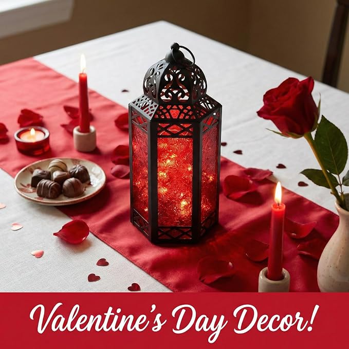 Vela Lanterns Decorative Indoor Red Gothic Fairy Light Candle Holder, L | Witchy Whimsigoth Fantasy Home Decor, Halloween Vampire Spooky, Moroccan Metal Hanging Flameless LED Lamp, 12" Tall