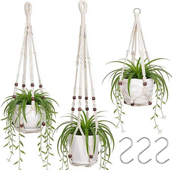 YIBOT 3 Pack Macrame Plant Hangers Hanging Planters for Indoor Plants Ivory