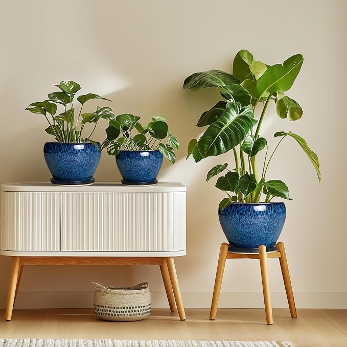 6 Inch Plant Pot - Ceramic Pots for Plants with Drainage Hole and Saucer, Round Succulent Planter Indoor Outdoor, Modern Flower Pot for Snake Plants, Home Decor, Gifts for Plant Lover, Blue