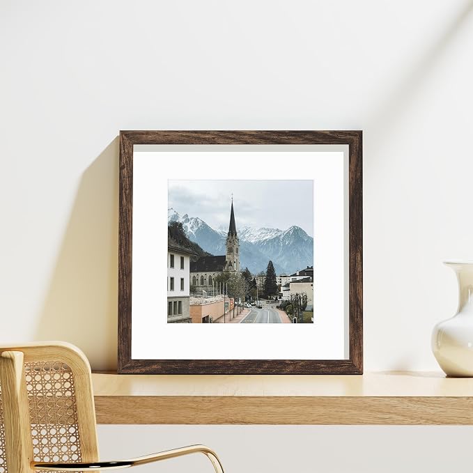 Vittanly 12x12 Picture Frames Set of 9, Shatter Resistant Plexiglass, Display 8x8 Pictures with Mat or 12x12 without Mat, Photo Frames for Wall Mount, Engineered Wood, Brown | Display Pictures 8x8 with Mat or 12x12 without Mat for Wall Mounting, Square...
