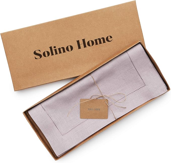 Solino Home 100% Linen Table Runner Lilac, Classic Hemstitch 14 x 156 in | dresses up dining tables for everyday meals, hemstitched border, mitered corners, machine washable, soft, OEKO-TEX Certified