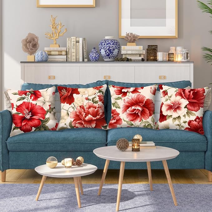 Red Floral Throw Pillow Covers 18x18 inch Set of 4 Hibiscus Flowers Chinoiserie Pillow Cases Spring Decorative Cushion Covers for Sofa Couch Bed