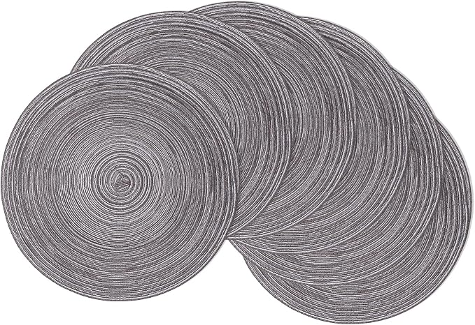 SHACOS Round Braided Placemats Set of 6 Round Table Mats 15 inch Cotton Washable for Holiday Party (Black Gray, 6)
