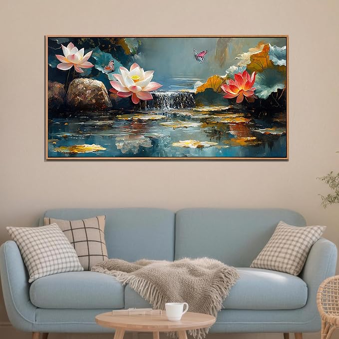 Anolyfi Lotus Canvas Large Framed Wall Art for Living Room, Lotus Wall Decor Zen Yoga Painting Artwork for Spa Bedroom Hallway Dining Room Office Home Decor, 58"x29"