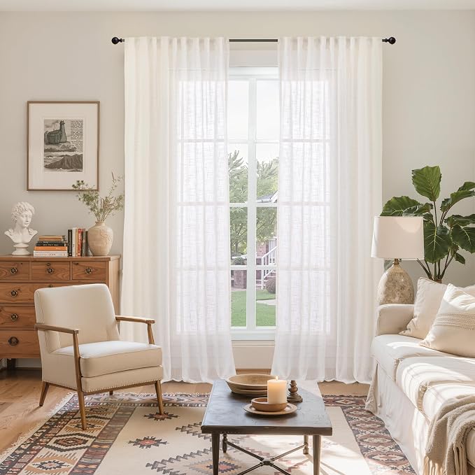 YoungsTex Extra Long Linen Curtains 102 Inch Length for Living Room - Semi Sheer Drapes Light Filtering with Rod Pocket Back Tab Rustic Lightweight for Bedroom Windows, 2 Panels, 52 X 102 Inch