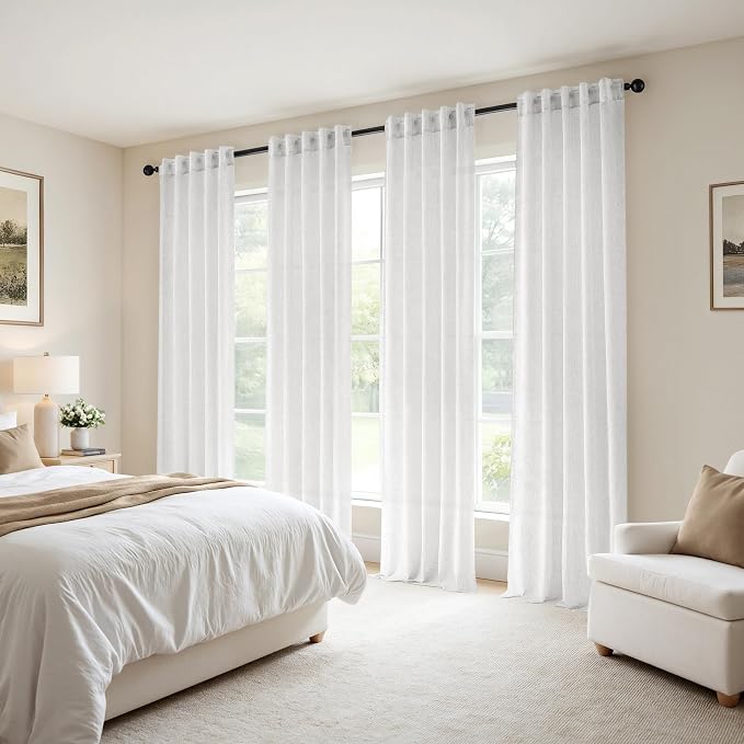 MIULEE White Back Tab Linen Curtains 4 Panels 42W x 102L | Linen material, light filtering, rod pocket back tab hanging, farmhouse decor for living room bedroom