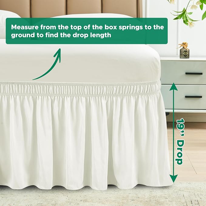 Wrap Around Bed Skirt Full Size Beds 19" Drop-Elastic Dust Ruffle Ivory | Adjustable Pleated Bedskirt-Easy Fit Wrinkle Resistant Washable Bed Skirting-Hotel Studio Apartment Home Guest Bedroom Rental