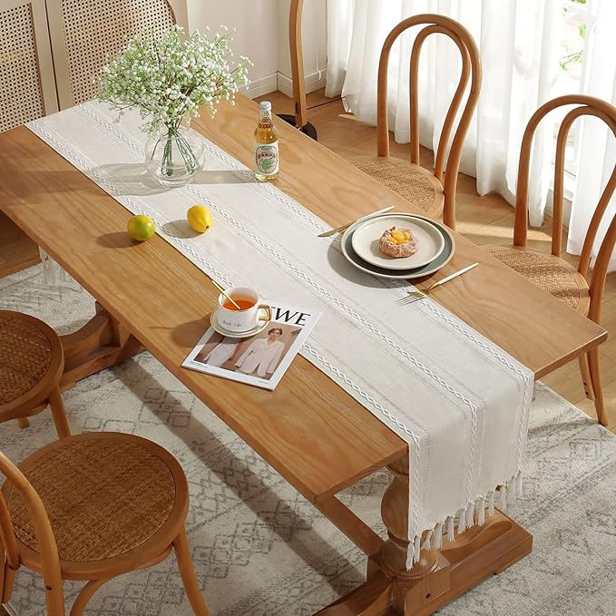Wracra Rustic Linen Table Runner, Ivory Table Runners 108 inches Long | Raised Embroidered Hollow Design and Hand-Tassels;Cotton Linen Woven Fabric; Farmhouse Table Runner;Home Dining Decor