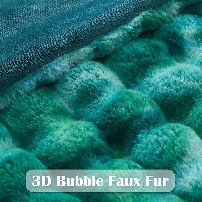 NEWCOSPLAY Faux Fur Bubble Twin Blanket for Couch, Tie-Dye Teal, 60"x80" | Fluffy Soft Thick Warm Bubble Blanket for Couch Sofa Bed 700GSM, Plush Cozy Luxury Decorative Throw, Gift for Women Men