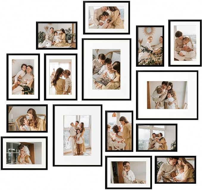 eletecpro Aluminum Gallery Wall Frame Set of 15 with Glass Cover, Black | Including 3Pcs 8x10, 6Pcs 5x7, 6Pcs 4x6 Photo Frames, Multiple Sizes Picture Frames Collage Wall Decor or Tabletop Display