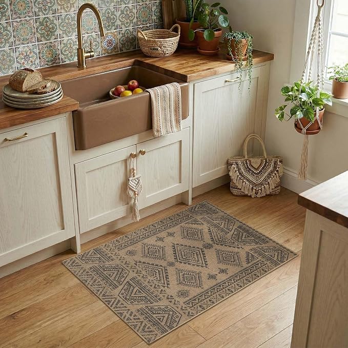 jinchan 2x3 Faux Jute Area Rug Washable Boho Entryway Rug, Natural Charcoal | Southwestern Geometric, Non-Slip, Low Pile, Indoor Outdoor, High-Traffic, Kitchen, Bathroom, Laundry Room, Porch, Balcony