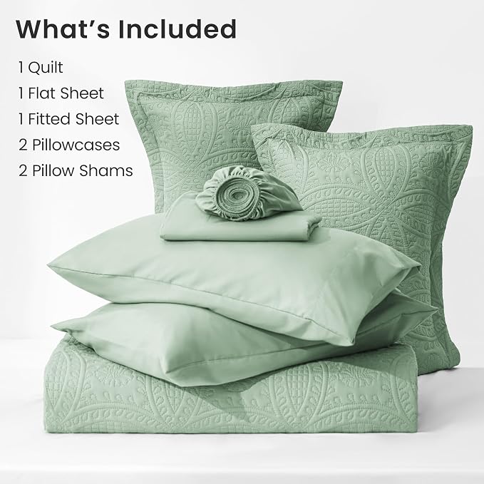 Love's cabin Queen Quilt Set Sage, Bed in a Bag Queen Size Bedding 7 Pieces, Ultrasonic Embossed Coin Pattern Comforter, Lightweight Bedspreads for All Seasons Quilt with Sheets, Pillowcases & Shams
