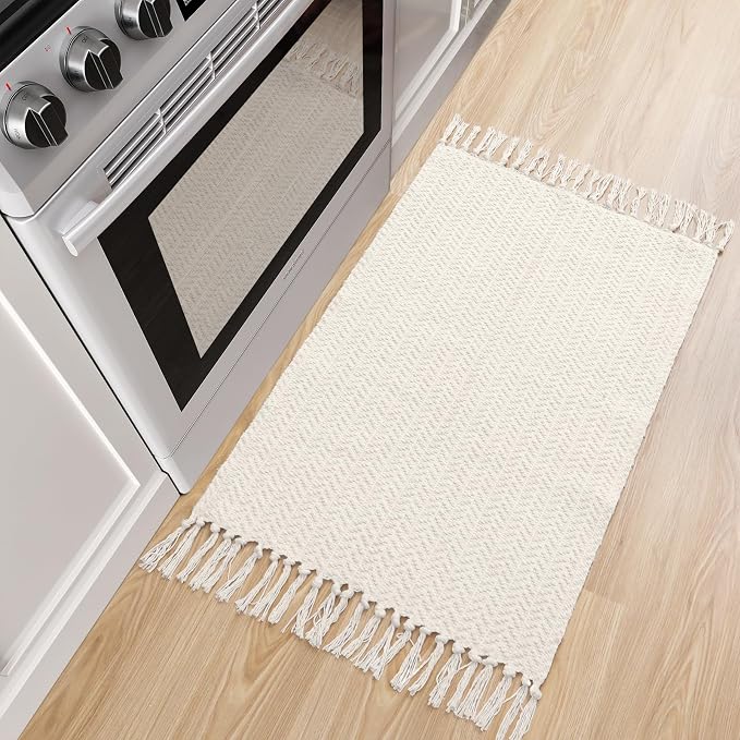 Lahome Boho Bathroom Rugs, Small 2x3 Front Door Mat for Kitchen, Washable | Indoor Entryway Area Rug Woven Cotton with Tassels, Farmhouse Non Shedding Beige Throw Low Pile Carpet for Bath Laundry