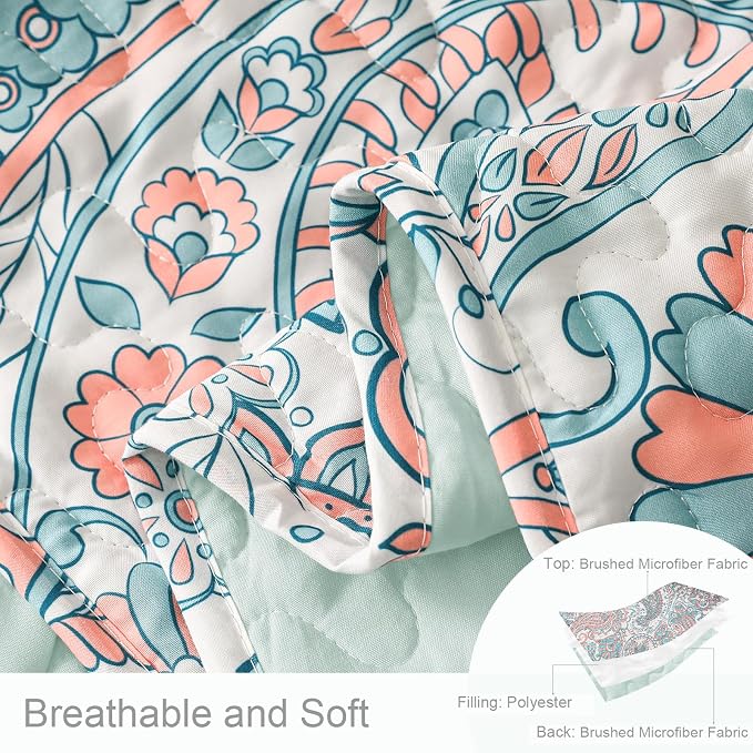Exclusivo Mezcla Reversible Boho Quilts Queen Size Aqua | Lightweight Soft Bedspreads, All Season Paisley Coverlet Bedding Set, Printed Floral Pattern, 1 Quilt and 2 Pillow Shams