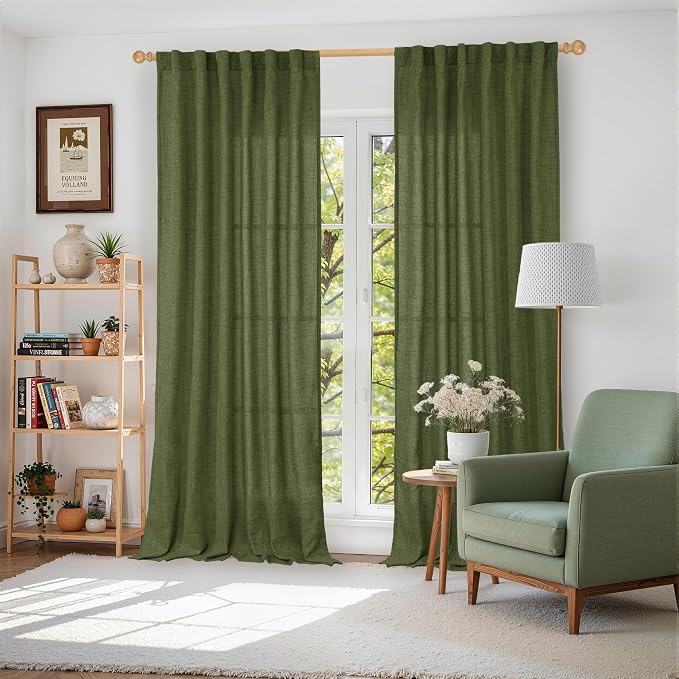 YoungsTex Dark Green Linen Curtains for Living Room 84 Inch Length, Light Filtering Drapes with Rod Pocket Back Tab Window Treatments Spring Decor for Dining Bedroom, 2 Panels, 52 X 84 Inch