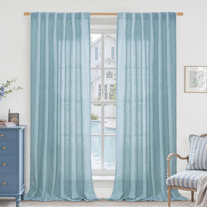 102 Inches Long Linen Curtains for Living Room Bedroom 2 Panels | Semi Sheer, Light Filtering Panels, Farmhouse Drapes for Dining Room, Rod Pocket Back Tab, Stone Blue, 52 x 102 Inch