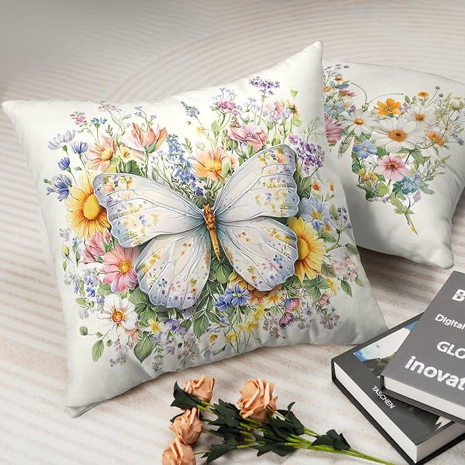 Colorful Butterfly Pillow Covers Spring Summer Floral Throw Pillow Covers Butterfly Sunflower Pillow Cases 20x20 Daisy Farmhouse Decorative Cushion Cases for Home Sofa 2 Pack