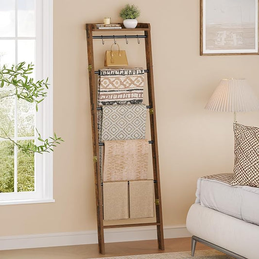 Hzuaneri Blanket Ladder Shelf, Farmhouse Ladder Holder, Blanket Organizer | 7-Tier Decorative Quilt Rack with 4 Removable Hooks 7.9" D x 17.3" W x 66.9" H, Rustic Brown BR36801B
