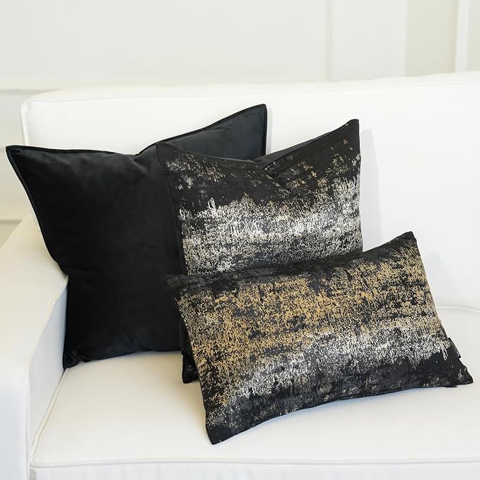 THE-TINOART Black Champagne Metallic Jacquard Pillow Covers 20x20 Pack of 2 Velvet Back Modern Glam Sofa Decor