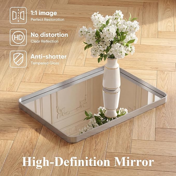 Sweetcrispy Bathroom Mirror 40x32 Inch, Vanity Mirror for Wall | Metal Framed Rounded Rectangle, Over Sink, Farmhouse, Restroom, Anti-Rust, Horizontal or Vertical Hanging, Silver