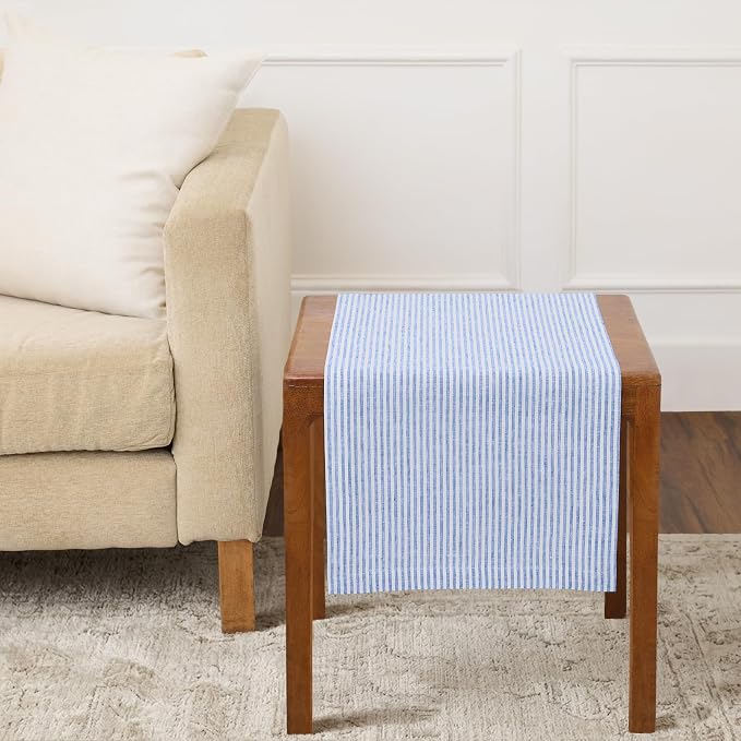 Solino Home 100% Pure Linen Table Runner, 14 x 36 in, Blue and White Stripe | Narrow Stripe, dresses up dining tables for everyday meals, European flax fibres, machine washable, soft, OEKO-TEX Certified
