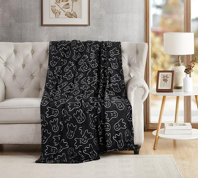 Halloween Ghost Fleece Throw Blanket 50x70 Inch XL Black Soft Flannel
