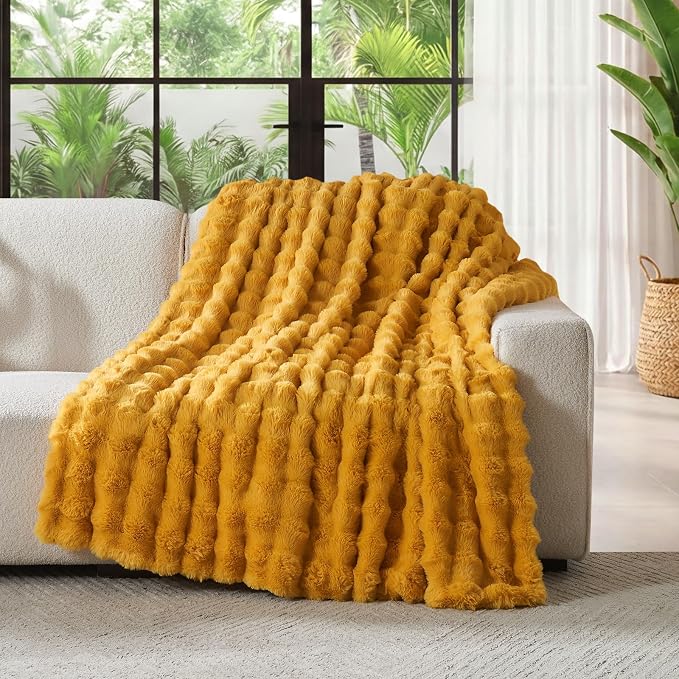 Lotus Karen Faux Fur Throw Blanket Ginger Yellow - Big Bubble Rabbit Fluff Blanket for Couch Bed Sofa,Softest Fluffy Fuzzy Cozy Blanket,Thick Furry Plush Shaggy Warm Blankets for Women,108x90 Inches