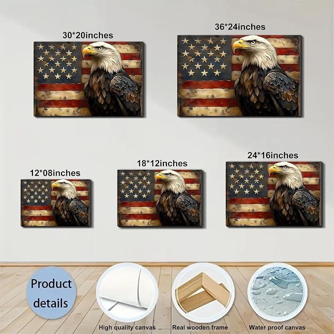 Framed Bald Eagle American Flag Wall Art, Patriotic USA Canvas Art Pictures, Vintage Eagle Wall Decor for Office Living Room Man Cave, Ready to Hang Made in USA