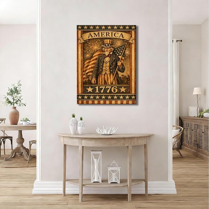 Made in USA Vintage Patriotic Uncle Sam 1776 Wall Art, American Flag Canvas Prints, 4th of July Independence Day Decor for Living Room, Bedroom, Kitchen & Holiday, Framed