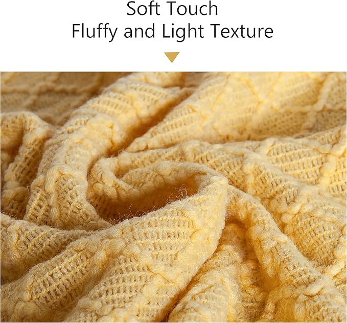 NTBAY Acrylic Knit Throw Blanket, 60 x 80, Mustard Yellow Checkered | Lightweight Acrylic Wave-Knit Throw with 7 Inch Tassels for Sofa, Bed, Reading, Travel, and Decorative Layering