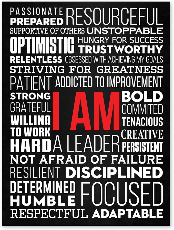 HoneyKICK I AM Positive Affirmations Canvas Wall Art, Black, 12x16 | Thirty confidence-focused statements fill a ready-to-display wrapped canvas designed for daily viewing and reflection.