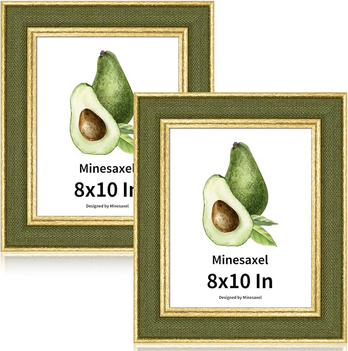 8x10 Picture Frame - Green Fabric & Vintage Gold Border HD Real Glass with Easel for Tabletop/Wall (Family Photos, Cabin Decor 2 Pack)