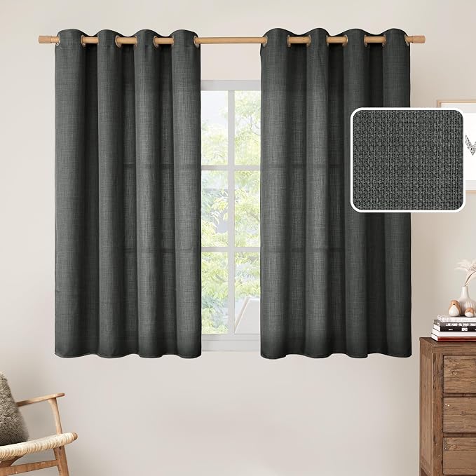 Light Filtering Linen Curtains 45 inch Length for Bedroom, Dark Grey | Thick Linen Textured, Privacy Drapes, Semi Sheer, Farmhouse Living Room Curtains, Grommet, 52 x 45 Inch, 2 Panels