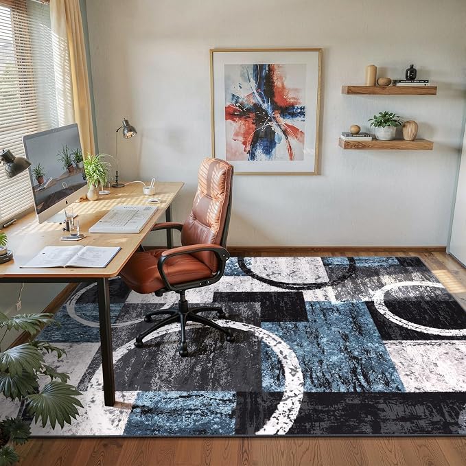 Yamaziot 5x7 Washable Modern Abstract Area Rug Non-Slip Living Room Rug | Stain Resistant, Low Pile, Ultra Soft Carpet Rug with Rubber Backing for Dining Room, Nursery, Bedroom, Office, Blue