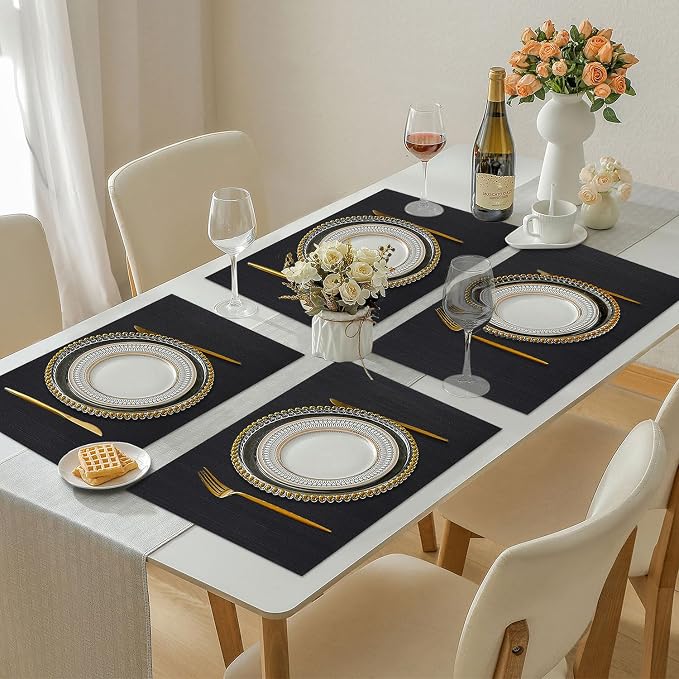 Vinyl Placemats Set of 6, PVC Woven Washable Non-Slip Table Mats, Heat Resistant Wrinkle Free Place Mats for Dining Table, Easy to Clean (6, Black)