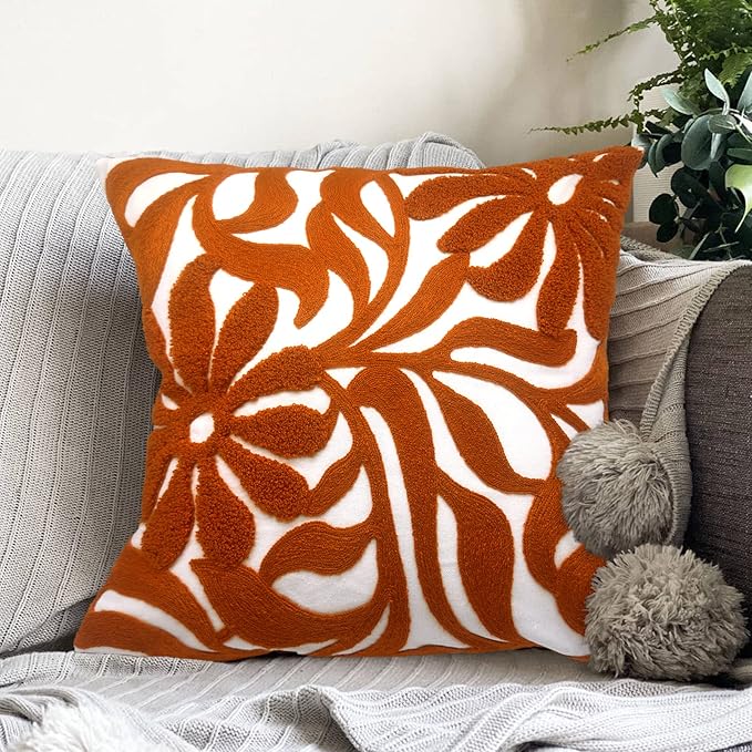 Alysheer Floral Embroidered Throw Pillow Cover 18"x18" 1pc, Burnt Orange
