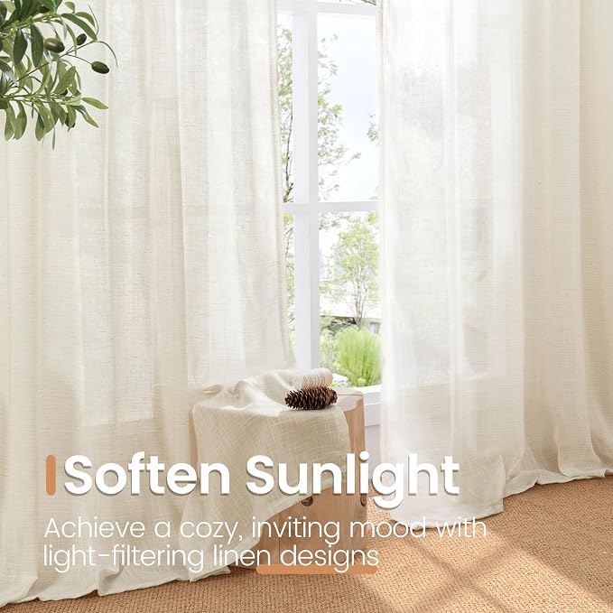 BGment Linen Kitchen Window Curtains Over Sink, 36 Inch Length Cafe Drapes | Beige Semi Sheer with Rod Pocket Light Filtering for Bathroom Small Window, 2 Panels Set, 30 X 36 Inch