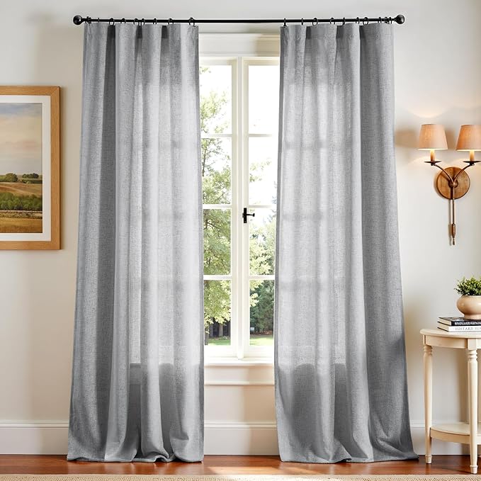 jinchan Linen Curtains Light Filtering Back Tab 50x96 Inch 2 Panels Grey | Semi Sheer Curtains 96 inch length for Bedroom Living Room, Modern Farmhouse Drapes with Rod Pocket, Natural Boho Curtains