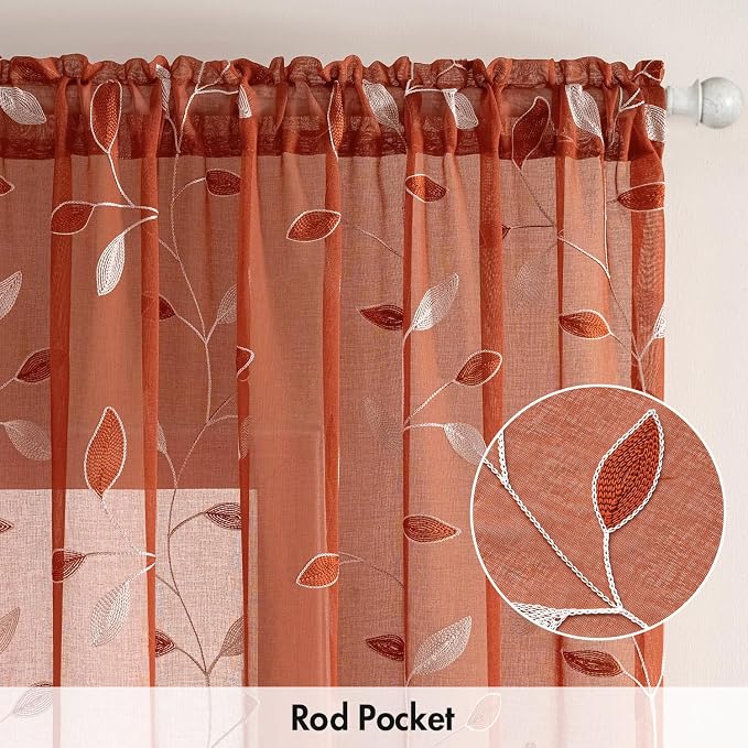 MIULEE Terracotta Sheer Fall Curtains 2 Panels Leaf Patterned, W52 x L54 | Burnt Orange,Rod Pocket,Floral,Semi Faux Linen,Short Window Drapes Set for Kitchen/Living Room/Bedroom