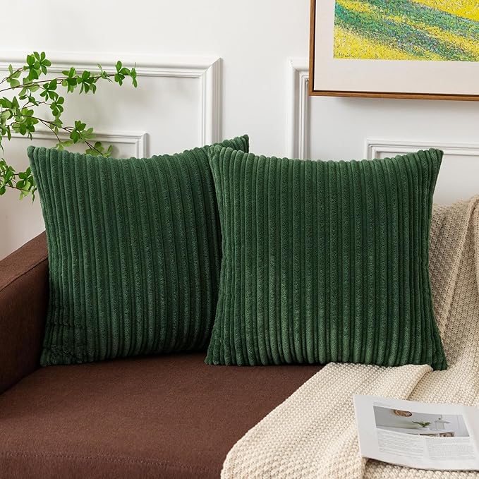 Kevin Textile Striped Corduroy 24”x24” Pillow Covers 2 Pack, Xmas Green